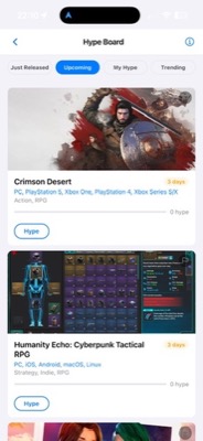 Game Hype Board — Upcoming Games tab