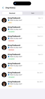 Zing History screen